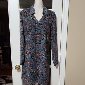 EUC CAbi #3295 Provincial Blue and Brown Floral Long Sleeve Dress Size S
